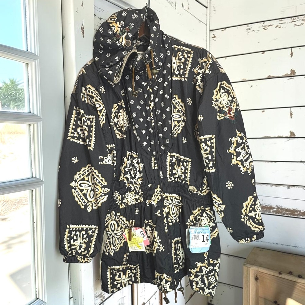 Vintage Ski Jacket Obermeyer 12 Long Black Gold 80s 90s Bandana Print Colorblock